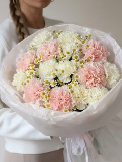 Букет из 15 розовых и белых диантусов с танацетумом